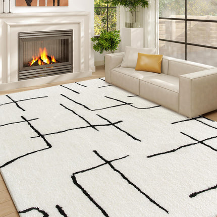 Modern Fluffy Area Rug, Geometric Pattern Washable Rug, Soft High Pile Floor Carpet for Living Room, Bedroom, Dining Room, Home Office, 170 x 120 cm, Cream