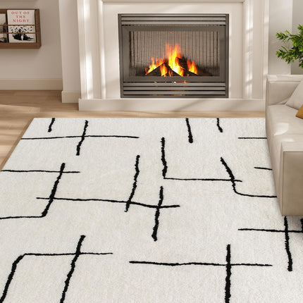 Modern Fluffy Area Rug, Geometric Pattern Washable Rug, Soft High Pile Floor Carpet for Living Room, Bedroom, Dining Room, Home Office, 170 x 120 cm, Cream