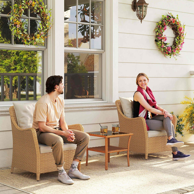 Rattan Garden Chairs Set of 2, Outdoor Rattan Chairs with Cushions, Armrests and High Back, PE Wicker Garden Armchair with Steel Frame for Balcony, Porch, Beige