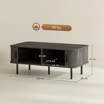 Coffee Table with Storage, Living Room Table with Slatted Tambour Sliding Doors and Foot Pads, Rectangular Coffee Table with Elevated Base for Living Room, Grey Wood-Effect