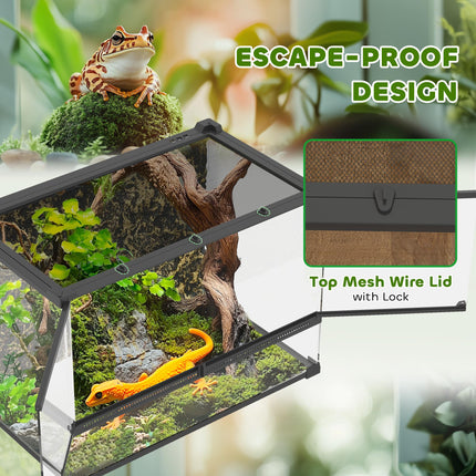 Reptile Glass Terrarium with Stone Background, Front Ventilation, Escape-Proof Knob Lock, 50 x 30 x 35 cm, Black