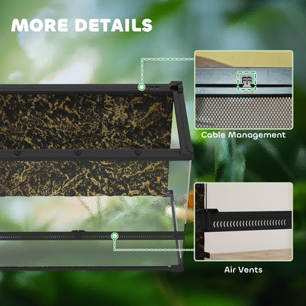 Reptile Glass Terrarium with Stone Background, Front Ventilation, Escape-Proof Knob Lock, 50 x 30 x 35 cm, Black