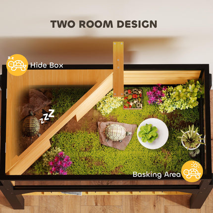 Wooden Tortoise House with Storage Shelf, Clear Observation Windows, Lamp Holder, Openable Top, Built-in Tray, Yellow