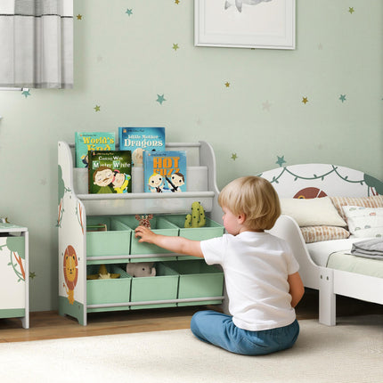 Kids Storage Unit, Toy Organiser with 6 Fabric Drawers and 2-Tier Sling Book Rack for Bedroom, Playroom, Nursery, Green