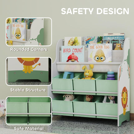 Kids Storage Unit, Toy Organiser with 6 Fabric Drawers and 2-Tier Sling Book Rack for Bedroom, Playroom, Nursery, Green