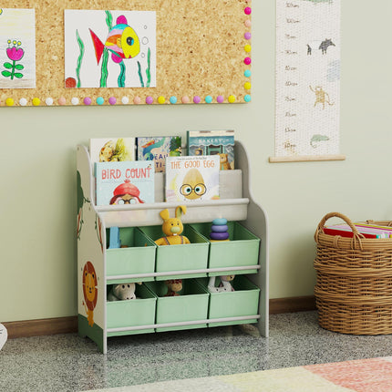 Kids Storage Unit, Toy Organiser with 6 Fabric Drawers and 2-Tier Sling Book Rack for Bedroom, Playroom, Nursery, Green