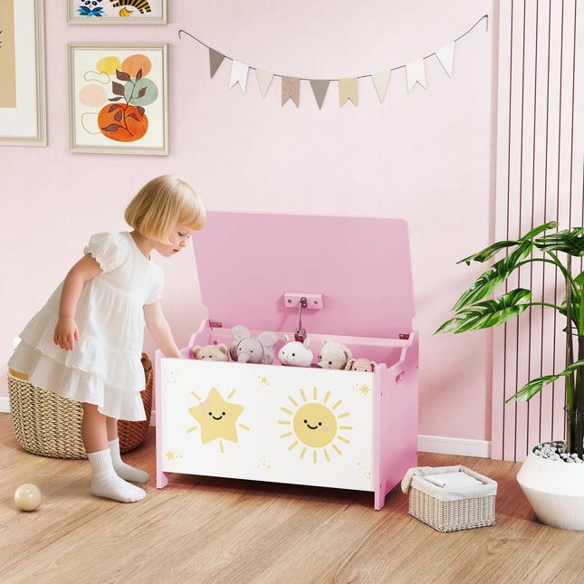 Toy Box with Lid, Safety Hinges and Groove Handles, Toy Storage organiser for Kids, Living Room, Playroom, Pink