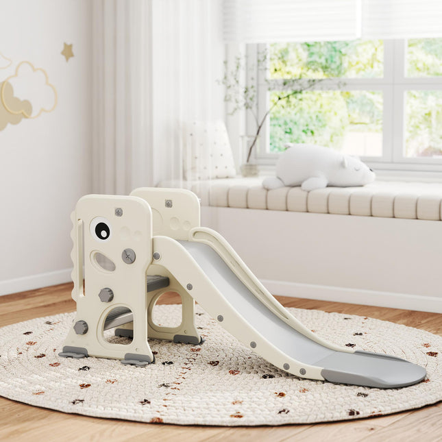 3 in 1 Kids Slide with Climber, Basketball Hoop and Ball, Foldable Indoor Toddler Slide for Ages 2-5, Cream White