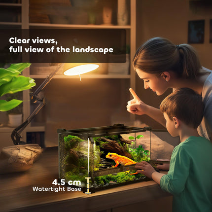 Reptile Glass Terrarium with Stone Background, Front Ventilation, Escape-Proof Knob Lock, 30 x 20 x 20 cm, Black