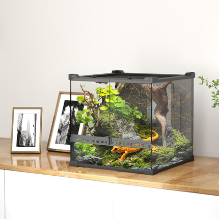 PawHut Reptile Glass Terrarium with Stone Background, Front Ventilation, Escape-Proof Knob Lock, 30 x 30 x 30 cm, Black