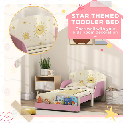 Toddler Bed with Storage, Guardrails, Sun Design, for Ages 3-8 Years, Fits 140 x 70cm Mattress,