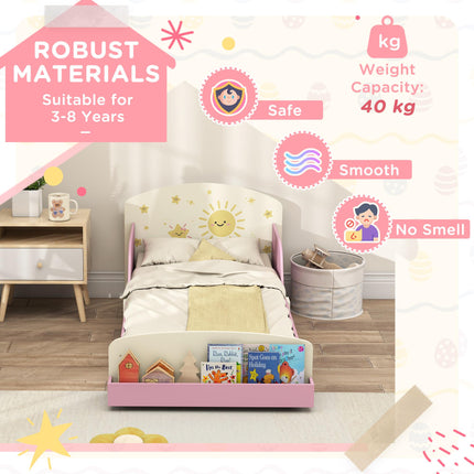 Toddler Bed with Storage, Guardrails, Sun Design, for Ages 3-8 Years, Fits 140 x 70cm Mattress,