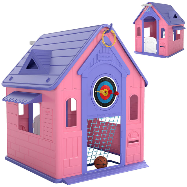 5-in-1 Playhouse for Kids Outdoor Indoor with Basketball Hoop, Football Goal, Dartboard, Ring Toss for 2-5 Years, Pink