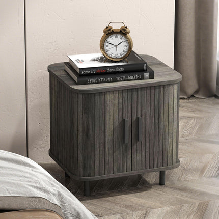 Nightstand with Sliding Doors and Metal Legs Grey