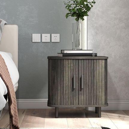 Nightstand with Sliding Doors and Metal Legs Grey