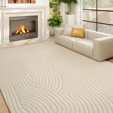 Modern Geometric Rug, Thick Plush, Non-Slip, 160 x 120 cm – Cream, Living Room/Bedroom/Office