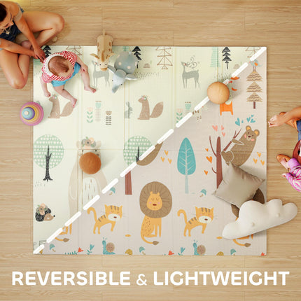 Baby Play Mat, Double Sideded Foldable Kids Crawling Mat, Reversible & Waterproof, Animal