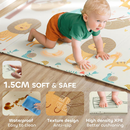 Baby Play Mat, Double Sideded Foldable Kids Crawling Mat, Reversible & Waterproof, Animal