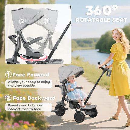 6 in 1 Foldable Kids Trike with Adjustable Parent Handle & Canopy for Ages 1-5, Grey