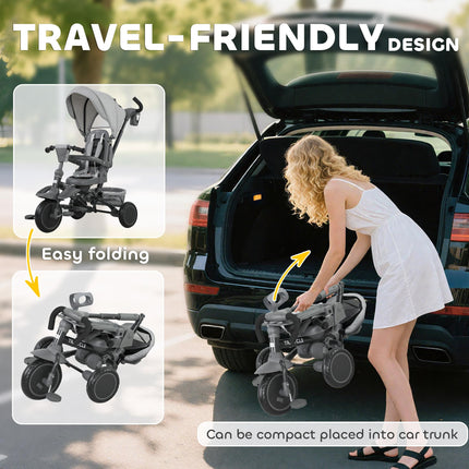 6 in 1 Foldable Kids Trike with Adjustable Parent Handle & Canopy for Ages 1-5, Grey