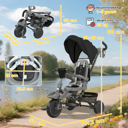 6 in 1 Foldable Kids Trike with Adjustable Parent Handle & Canopy for Ages 1-5, Black