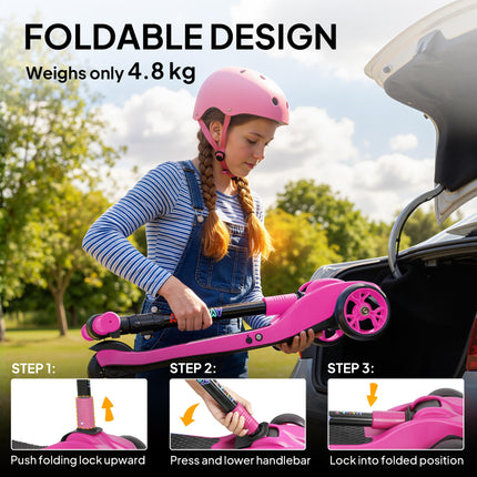 Three-Wheel Foldable Electric Scooter for Kids Aged 6-10 Years, Pink