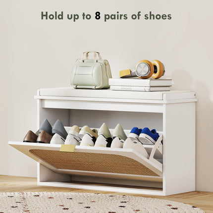 Boho Shoe Bench with Padded Seat and Flip-Drawer - White