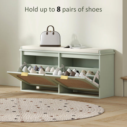 Boho Shoe Bench with Padded Seat and 2 Flip-Drawers - Light Green