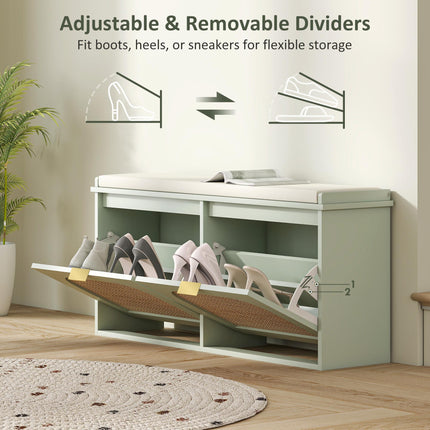 Boho Shoe Bench with Padded Seat and 2 Flip-Drawers - Light Green