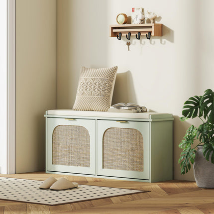 Boho Shoe Bench with Padded Seat and 2 Flip-Drawers - Light Green