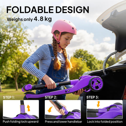 Three-Wheel Foldable Electric Scooter for Kids Aged 6-10 Years, Purple