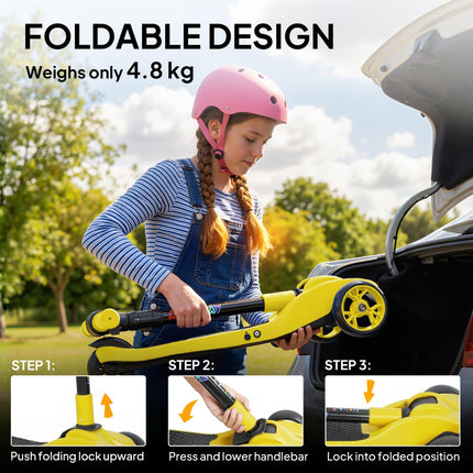 Three-Wheel Foldable Electric Scooter for Kids Aged 6-10 Years, Yellow