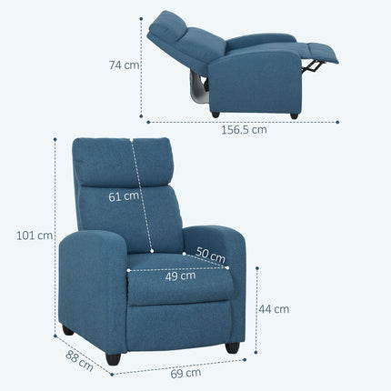 135¬∞ Push Back Recliner Armchair, with Footrest - Blue