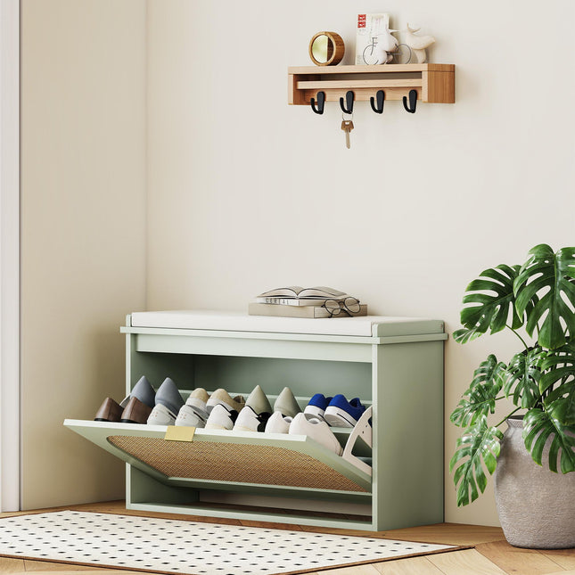 Boho Shoe Bench with Padded Seat and Flip-Drawer - Light Green