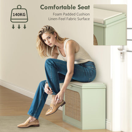 Boho Shoe Bench with Padded Seat and Flip-Drawer - Light Green