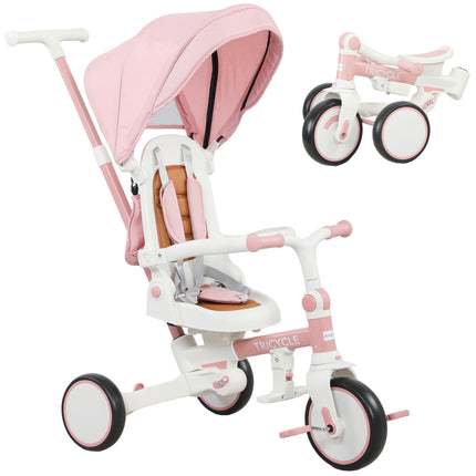 5 in 1 Kids Trike with Adjustable Backrest, Toddler Tricycle with Push Handlebar, Adjustable Backrest, Pink