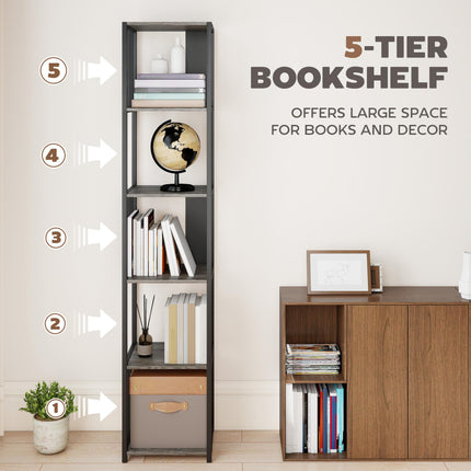 5-Tier Bookshelf with Steel Frame - Grey