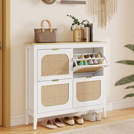Narrow Shoe Cabinet, Boho Slim Shoe Storage Cabinet with 4 Flip Drawers, Holds 20 Pairs, White
