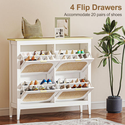 Narrow Shoe Cabinet, Boho Slim Shoe Storage Cabinet with 4 Flip Drawers, Holds 20 Pairs, White