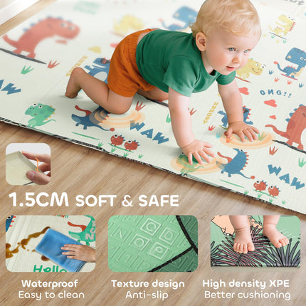Baby Play Mat, Double Sideded Foldable Kids Crawling Mat, Reversible & Waterproof, Dinosaur