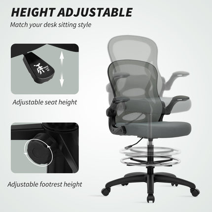 Drafting Chair, Ergonomic Tall Office Chair with Flip-up Armrests, Mesh Back, Lu