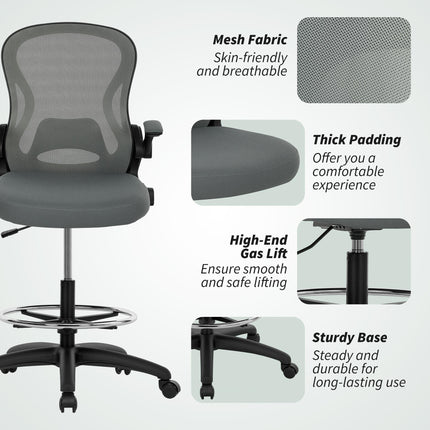 Drafting Chair, Ergonomic Tall Office Chair with Flip-up Armrests, Mesh Back, Lu