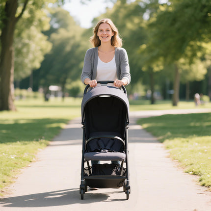 AIYAPLAY Travel Stroller, Lightweight Pushchair, Compact Buggy with Canopy, Basket and Multi-Position Recline, Dark Grey