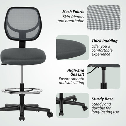 Ergonomic Mesh Standing Desk Chair with Adjustable Footrest Ring and Seat Height Charcoal Grey
