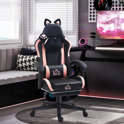 Cat Ear and Paw Reclining Office Chair, with Footrest - Black/Pink