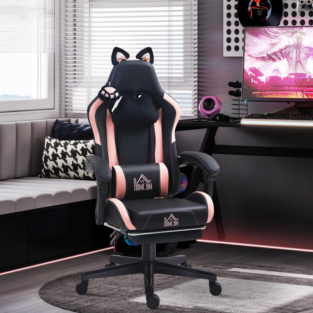 Cat Ear and Paw Reclining Office Chair, with Footrest - Black/Pink