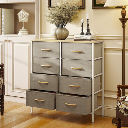 Fabric Chest of Drawers, Industrial Bedroom Dresser with 8 Fabric Drawers, Steel Frame and Wooden Top for Nursery, Living Room, Hallway, Maple Wood-effect