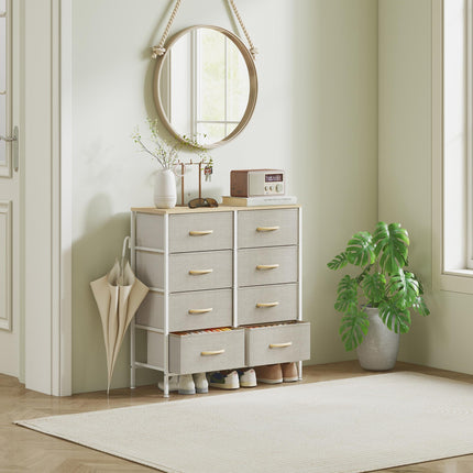 Fabric Chest of Drawers, Industrial Bedroom Dresser with 8 Fabric Drawers, Steel Frame and Wooden Top for Nursery, Living Room, Hallway, Maple Wood-effect