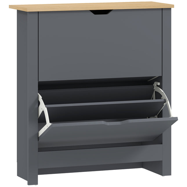 Slim Shoe Cabinet, Narrow Shoe Cupboard with 2 Flip Drawers, Adjustable Shelves for 12 Pairs of Shoes, Charcoal Grey