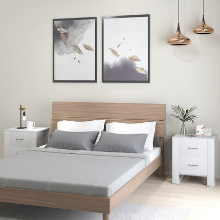 Bedside Table Set of 2 with 2 Drawers, Nightstands with Handles and Elevated Base, Side Tables for Bedroom, Living Room, White